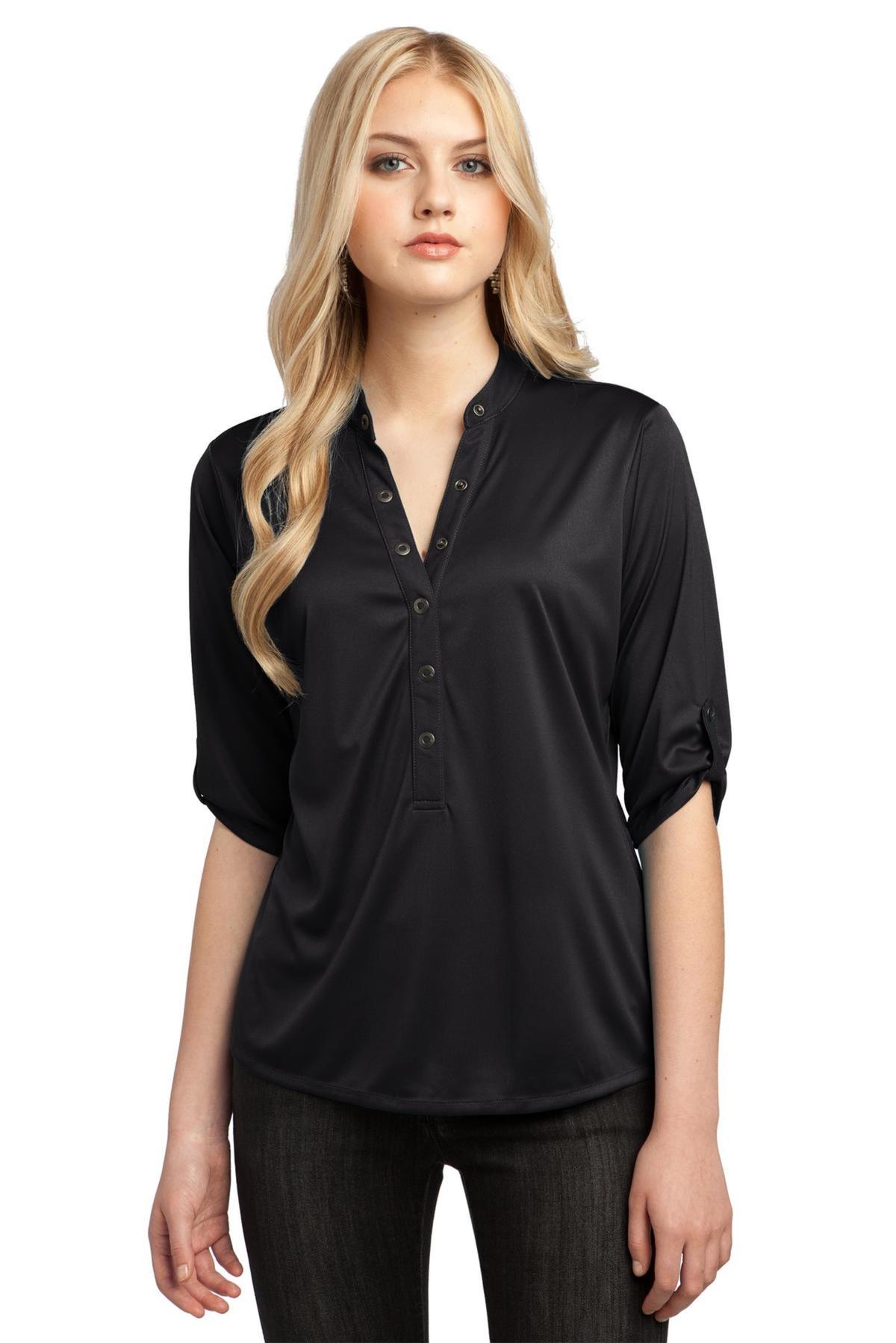 OGIO Embroidered Women's Crush Henley Image - OGIO Crush Ladies Henley, embroidered performance woman shirt, ladies Henley, 3/4 sleeve, women's performance