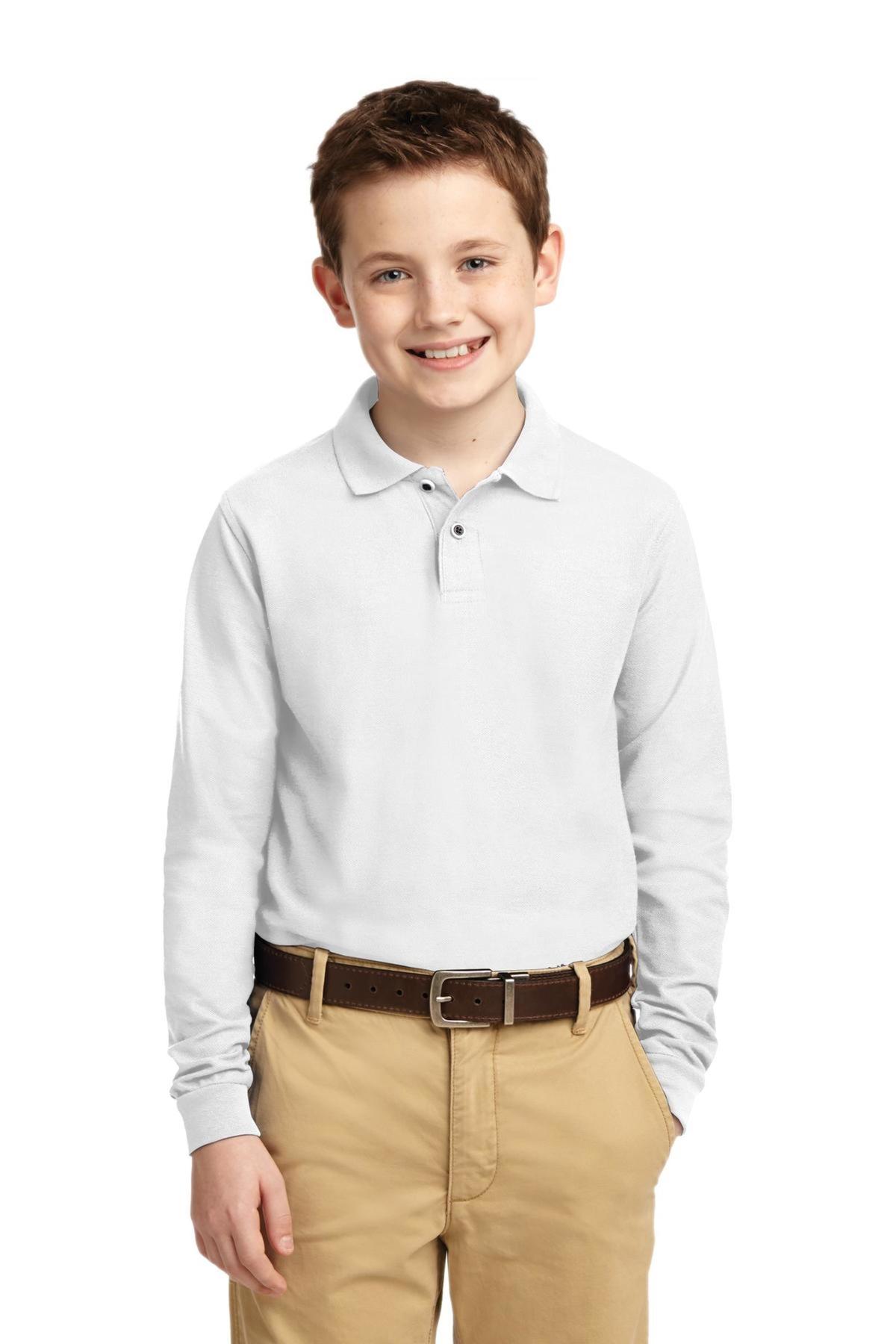 Port Authority Embroidered Youth Long Sleeve Silk Touch  Pique Polo Image - kid's polos,kids polos,kids shirts,kid's shirts,youth shirts,youth's shirts,school uniforms,school uniform shirts,school uniform polos,kids' polos, polos for kids, youth polos