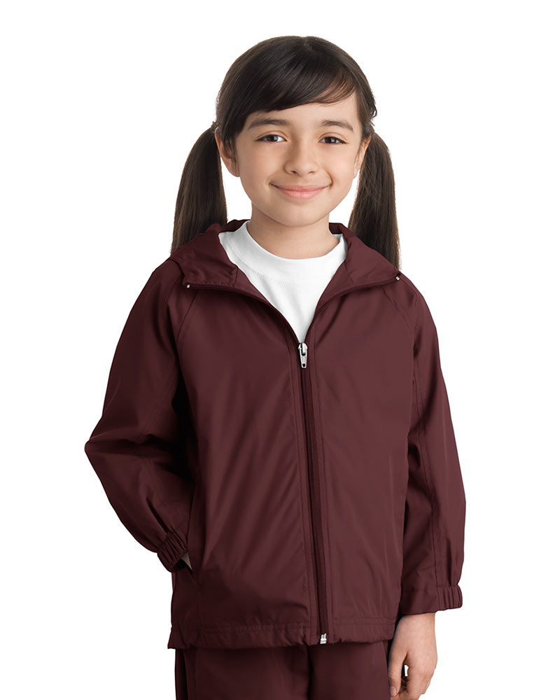 Product Image - Sport-Tek Youth Hooded Weather Resistant Jacket. Comfortable, stylish and quiet, this hooded Sport-Tek jacket has raglan sleeves for a classic look on or off the field. The unrestrictive fit is enhanced by articulated elbows for even greater mobility duri
